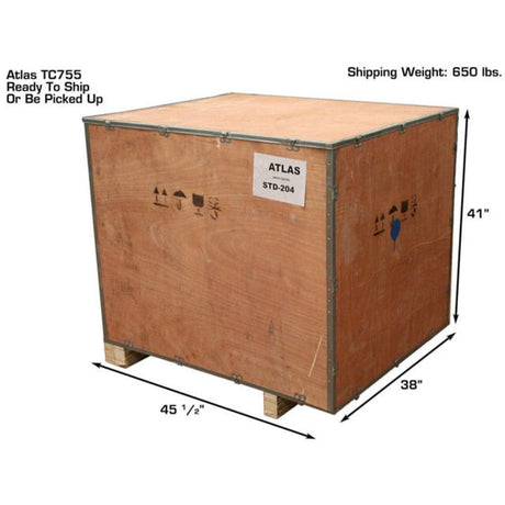 The large wooden shipping crate for the Atlas® TC755 tire changer, with overlay text indicating a shipping weight of 650 lbs and dimensions of 45 1/2 inches by 38 inches by 41 inches.