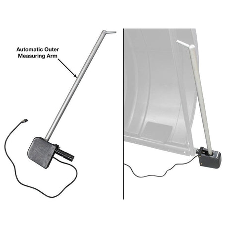 A side-by-side view of the Atlas® WB49-2 wheel balancer's "Automatic Outer Measuring Arm," showing its position when retracted and extended.