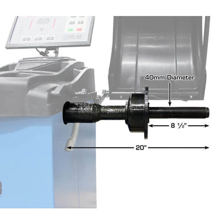 A close-up of the Atlas® WB49-2 wheel balancer's shaft, with overlay text specifying the 40mm diameter and a 20-inch shaft length.