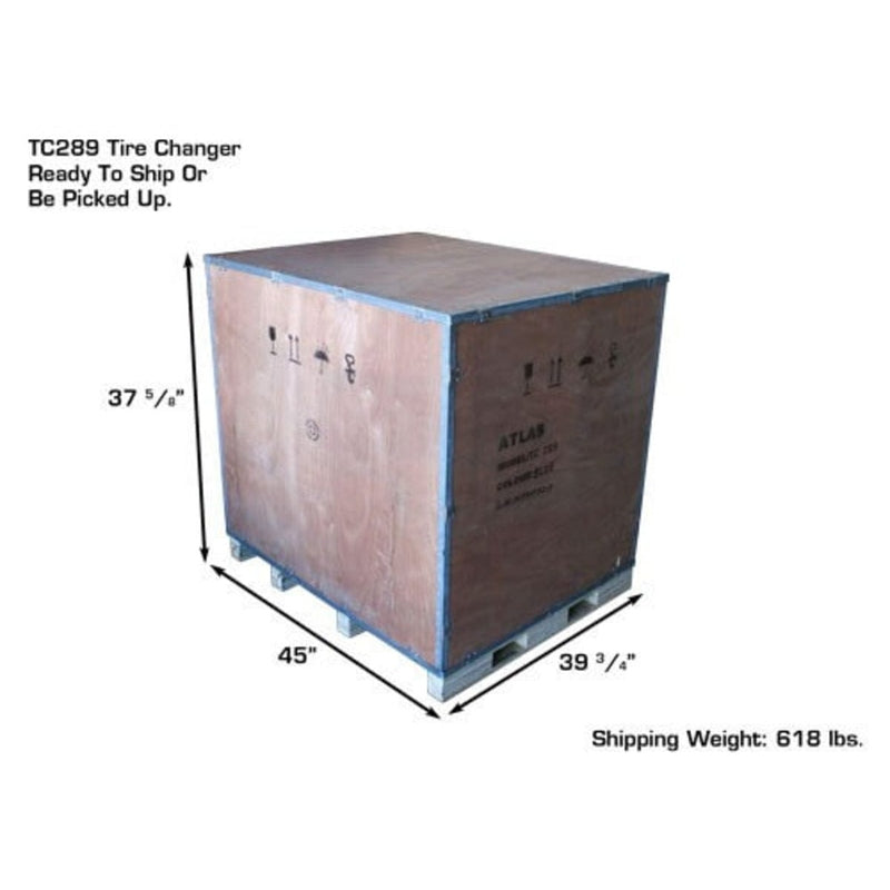 A wooden shipping crate for the TC289 Tire Changer, with overlay text indicating the dimensions as 37 1/2 inches by 45 inches by 39 1/4 inches and a shipping weight of 618 lbs.