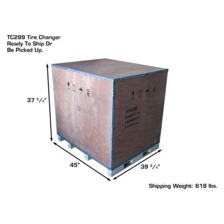 A wooden shipping crate for the TC289 Tire Changer, with overlay text indicating the dimensions as 37 1/2 inches by 45 inches by 39 1/4 inches and a shipping weight of 618 lbs.