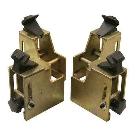 A pair of golden motorcycle clamp adapters for the Atlas® TC289 tire changer, shown with their black protective plastic covers.