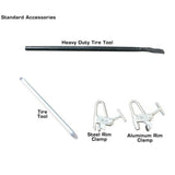 A collection of standard accessories for the Atlas TTC301 and WBT-210 combo, including a heavy-duty tire tool, a tire tool, a steel rim clamp, and an aluminum rim clamp.
