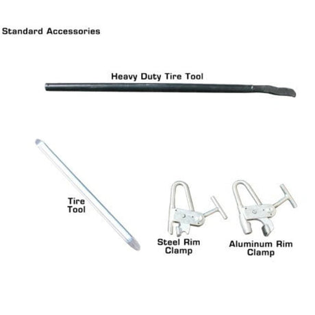 A collection of standard accessories for the Atlas TTC301 and WBT-210 combo, including a heavy-duty tire tool, a tire tool, a steel rim clamp, and an aluminum rim clamp.