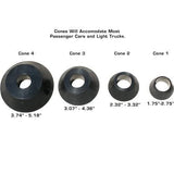 A diagram of the four cones included with the Atlas WBT-210, with overlay text detailing their sizes in inches and indicating they accommodate most passenger cars and light trucks.