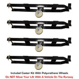 A set of four black caster kit extensions with polyurethane wheels for the Atlas Garage PRO8000 lift. A note warns not to move the lift with a vehicle on the runway.
