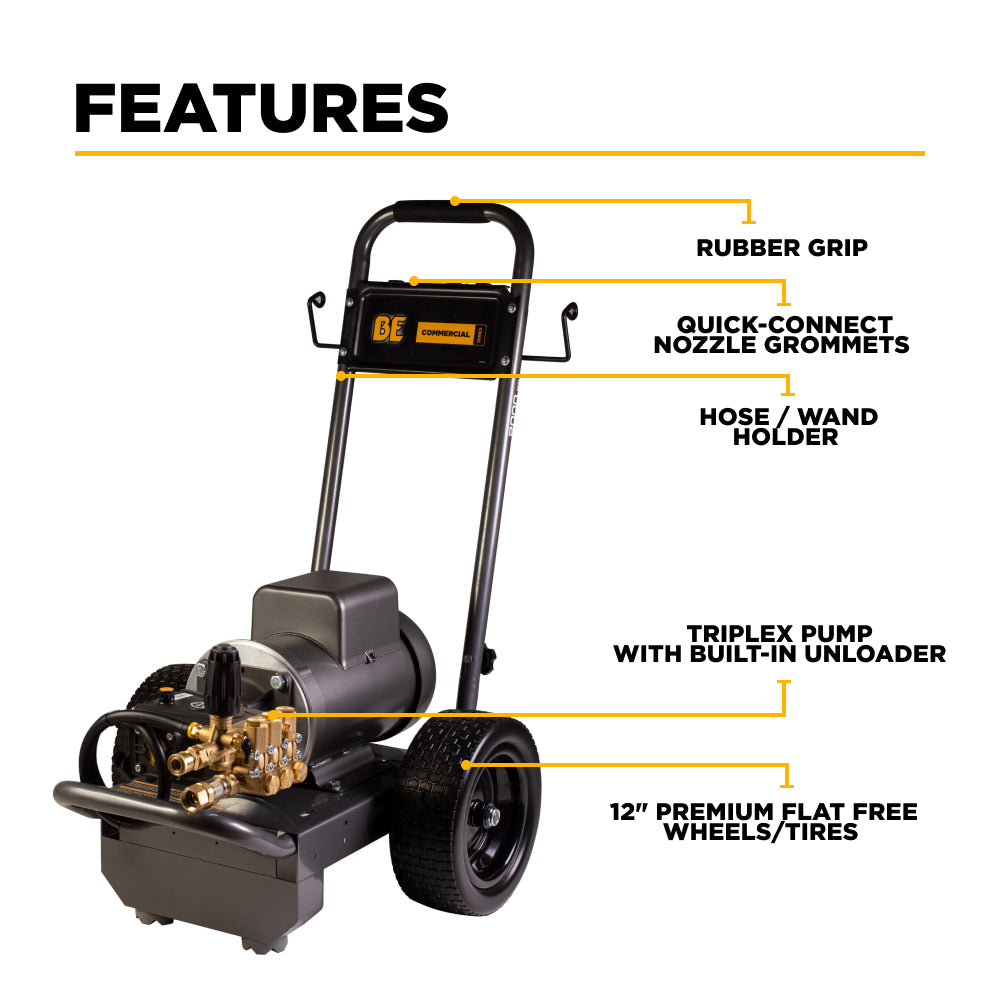 BE Power 2,000 PSI 3.5 GPM 5.0 HP Electric Pressure Washer with Baldor Motor and AR Triplex Pump - B205EA