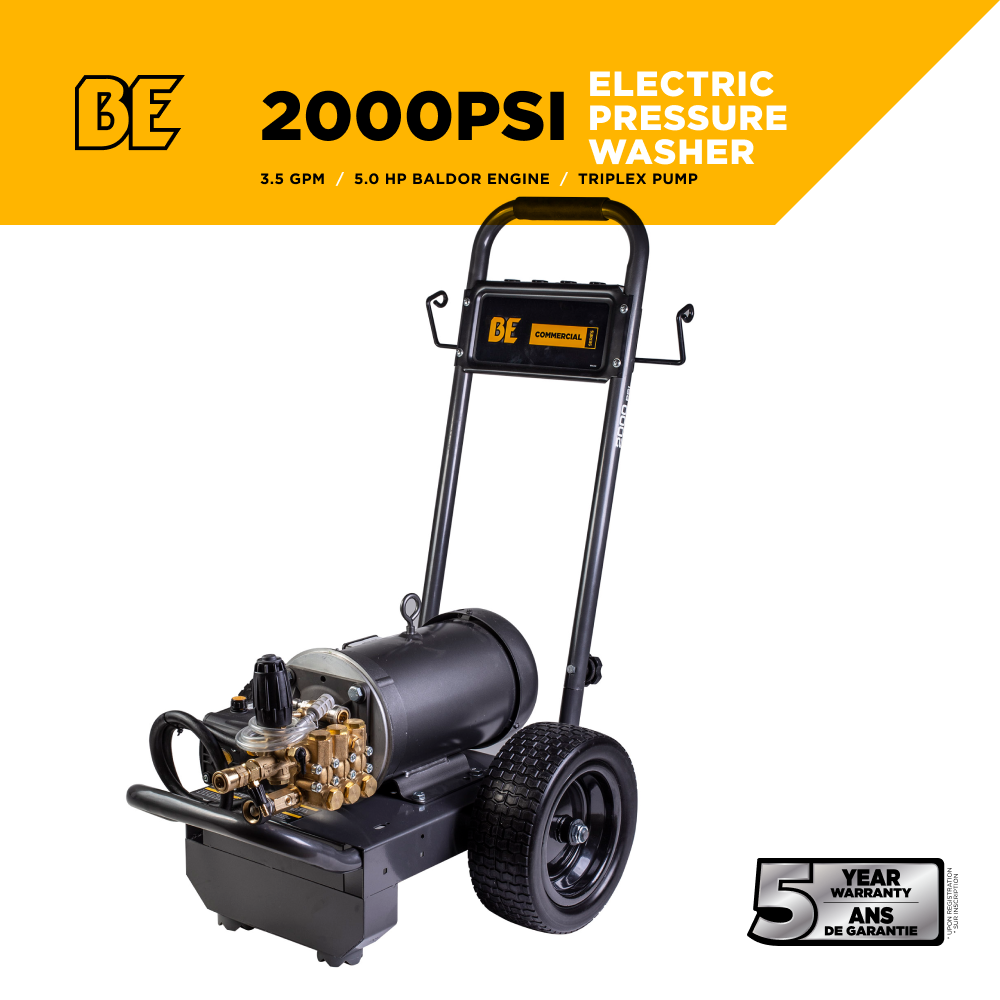 BE Power 2,000 PSI 3.5 GPM 5.0 HP Electric Pressure Washer with Baldor Motor and AR Triplex Pump - B205E34A