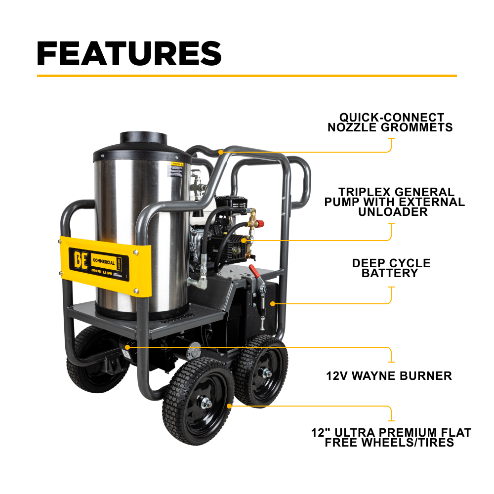 BE Power 3000PSI 3.0GPM Hot Water Pressure Washer with Honda GX200 Engine and General Triplex Pump - HW2765HG