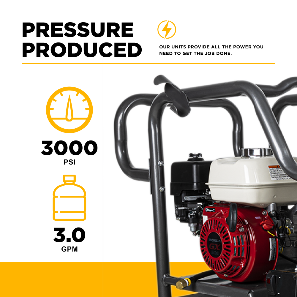 BE Power 3000PSI 3.0GPM Hot Water Pressure Washer with Honda GX200 Engine and General Triplex Pump - HW2765HG