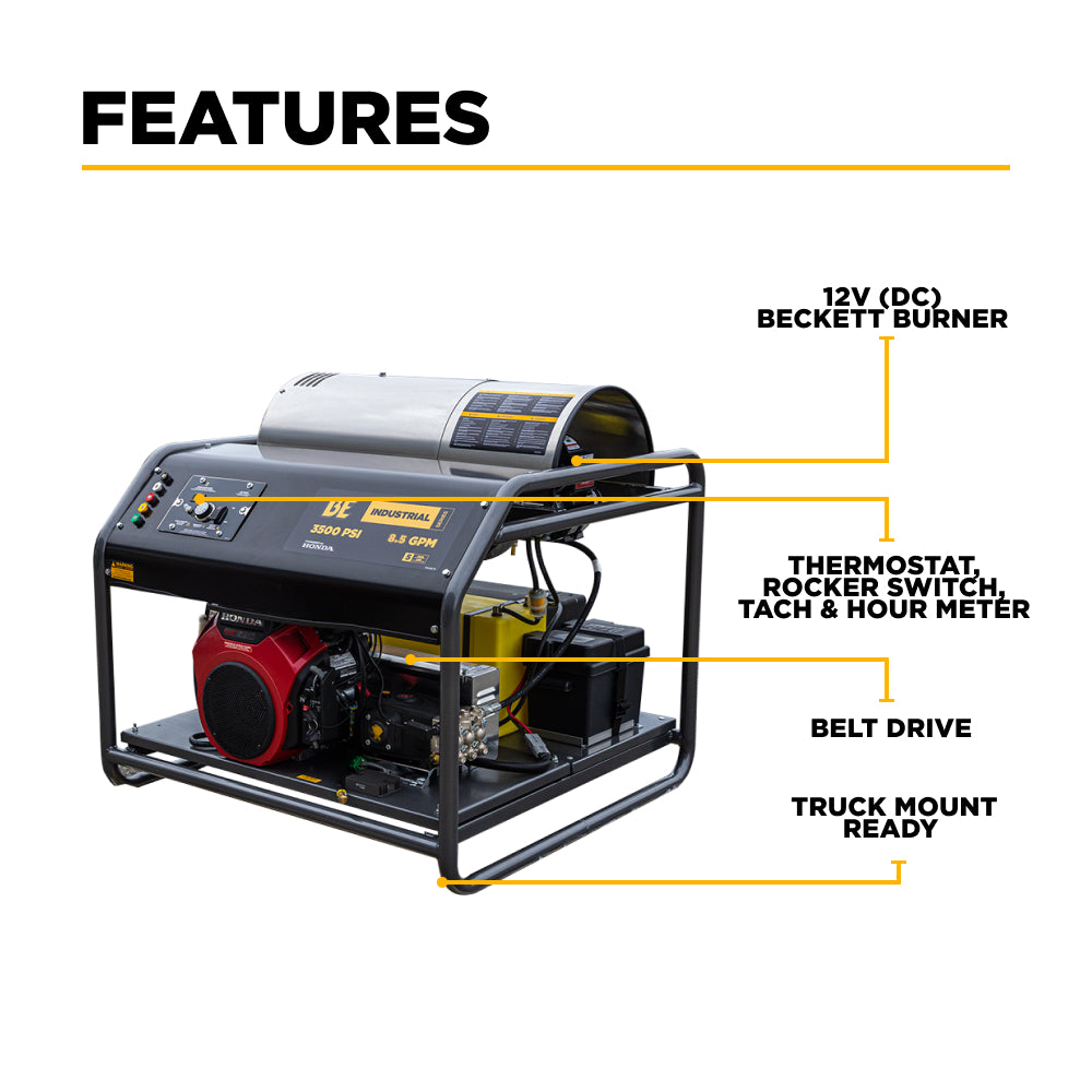 BE Power 3,500 PSI - 8.5 GPM Hot Water Pressure Washer Honda GX690 Engine and AR Triplex Pump - HW3524HA12V