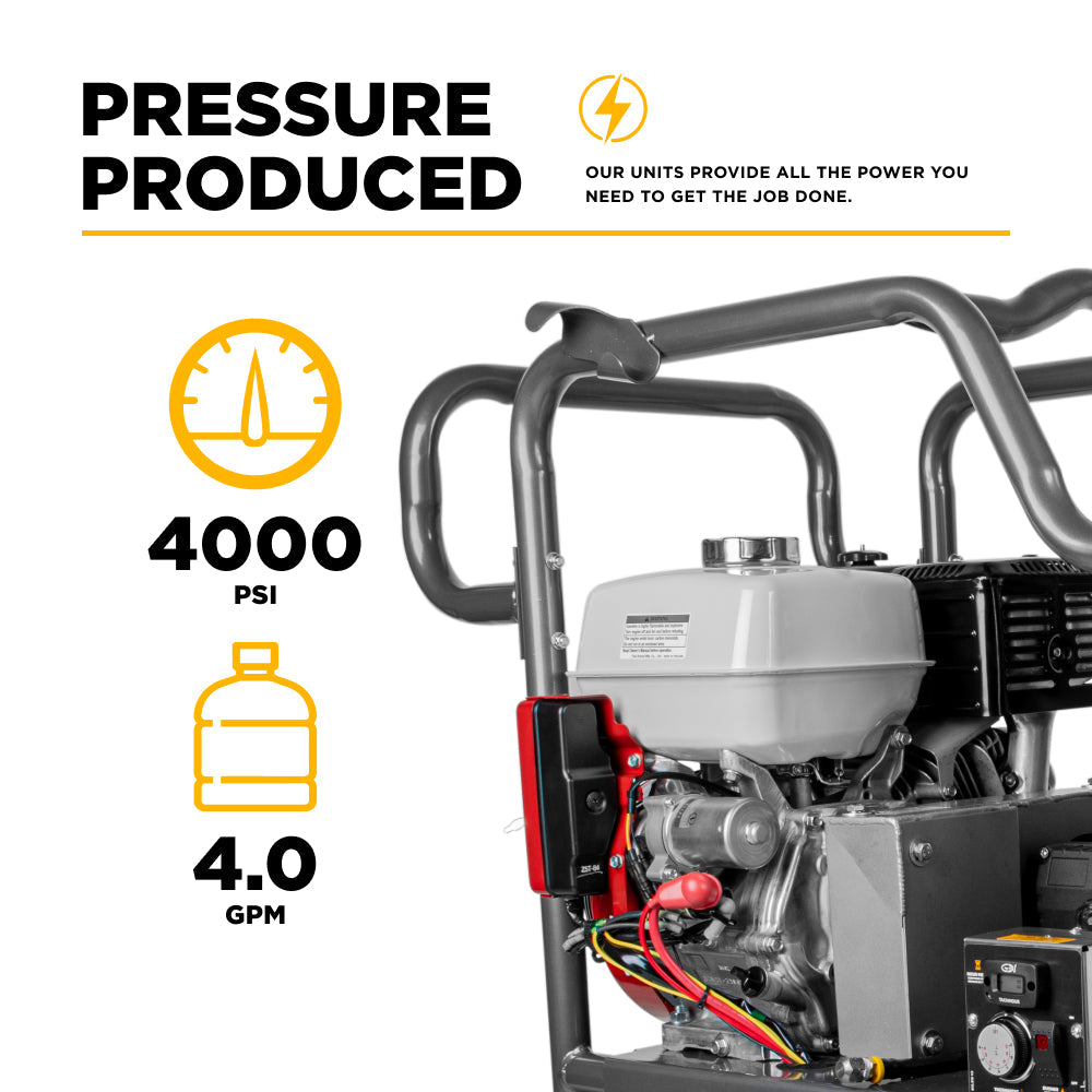 BE Power 4,000 PSI - 4.0 GPM Hot Water Pressure Washer with Honda GX390 Engine and Belt Driven General Triplex Pump - HW4013HBG
