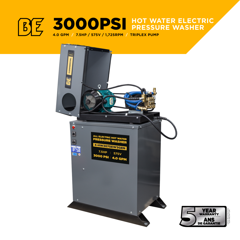 BE Power 3,000 PSI 4.0 GPM 7.5 HP Hot Water Pressure Washer with 7.5HP Motor and General Triplex Pump - X-HW3075EW3GEN