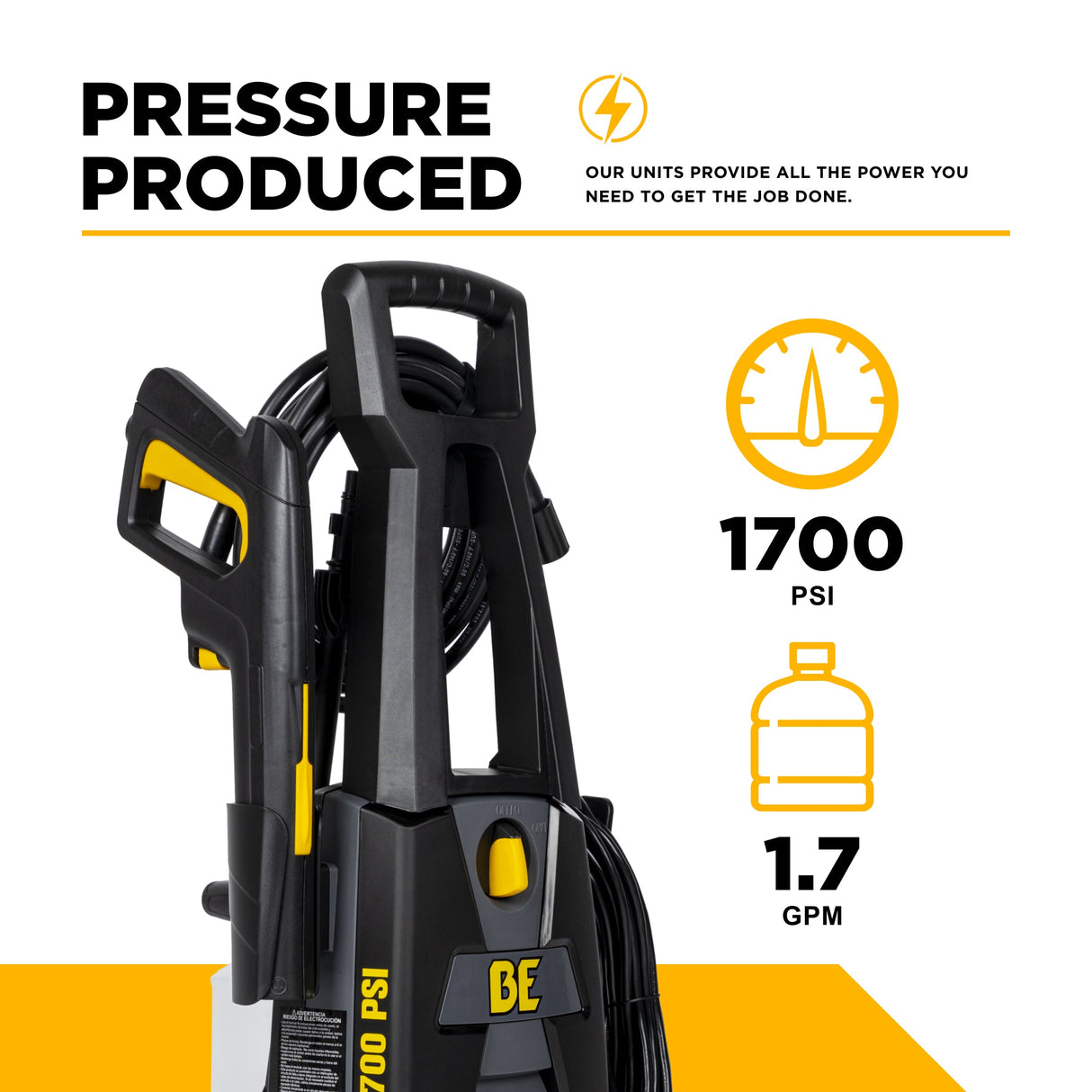 BE Power 1,700 PSI 1.7 GPM Electric Power Washer with Powerease Motor and AR Axial Pump - P1715EN