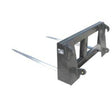 A black skid steer bale fork with two long, pointed tines, a single, centered spear, and a solid top bar, shown from a side angle.