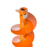 A vibrant orange, spiral-shaped Brave 10-inch Earth Auger Bit is shown against a transparent background, highlighting its design. The auger bit has a hexagonal driveshaft connection at the top and a prominent safety warning label.
