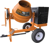 A Brave Pro 7-cubic foot steel drum concrete mixer with a tow bar and wheels on a transparent background.