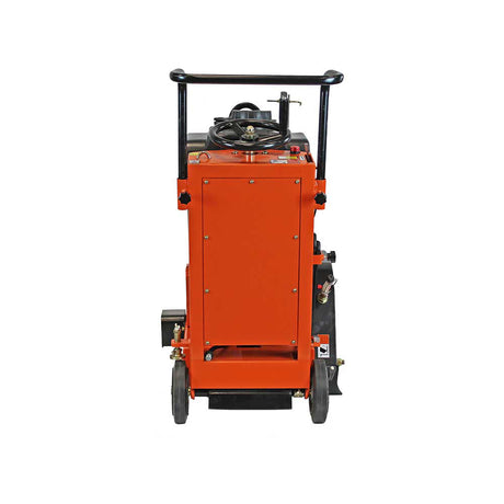 A rear view of the Brave 20-inch concrete saw on a white background, showcasing the back of the engine and the frame.