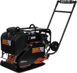 Three-quarter view of the Brave 16-Inch Forward Plate Compactor, showing its orange handle and black engine on a checkered background.