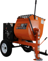 A side view of the orange Brave 8 Cu. Ft. Steel Drum Mortar Mixer against a transparent background. The wheelbarrow-style mixer has a large drum with a "BRAVE PRO" logo and a tow hitch.