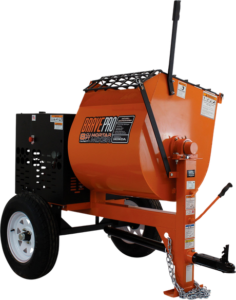 A side view of the orange Brave 8 Cu. Ft. Steel Drum Mortar Mixer against a transparent background. The wheelbarrow-style mixer has a large drum with a "BRAVE PRO" logo and a tow hitch.