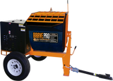 A three-quarter front view of the Brave 6 Cu. Ft. Poly Drum Mortar Mixer with the "Brave Pro" logo clearly visible on the orange and black frame, with a black engine and two transport wheels.