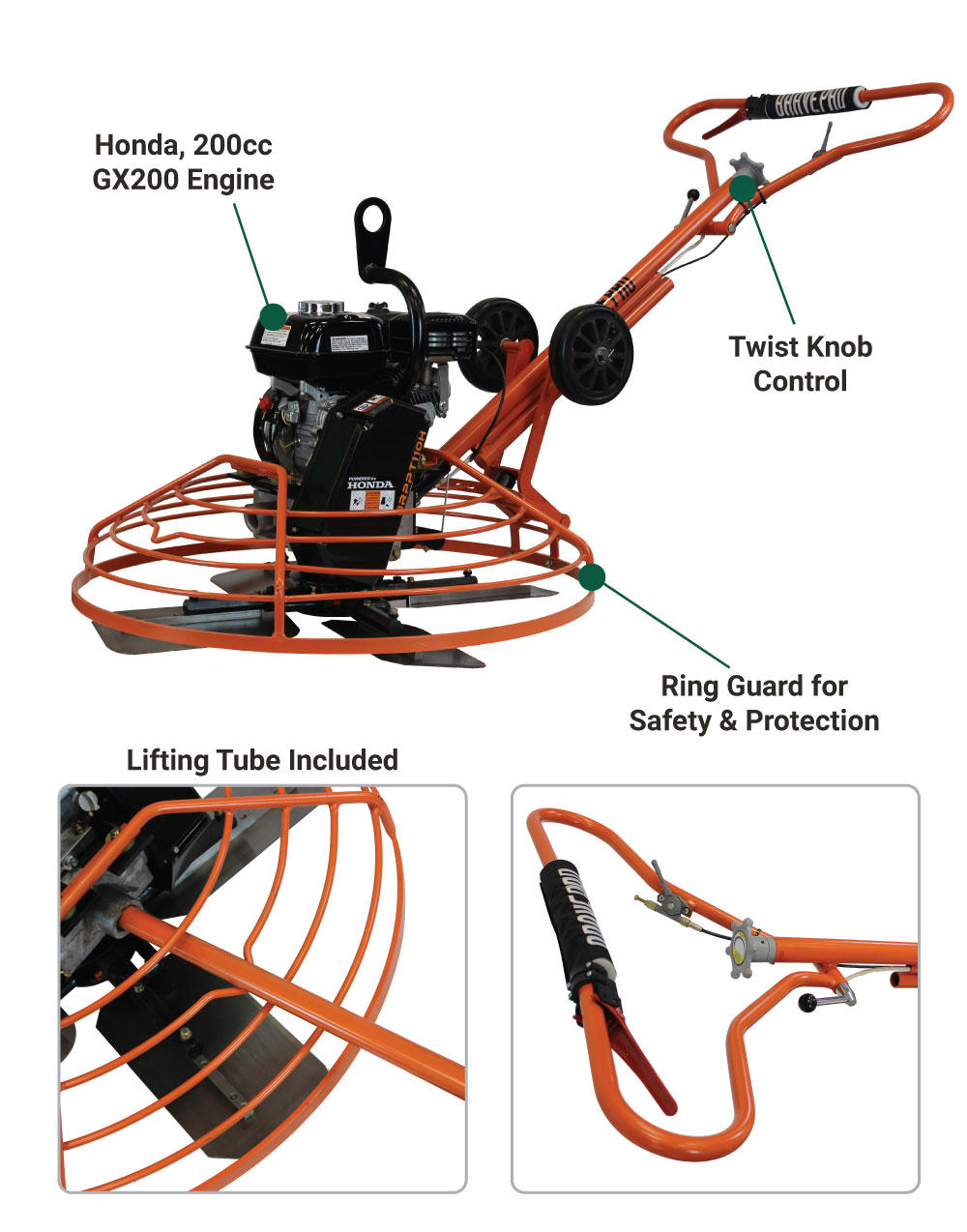 An annotated diagram of the Brave 36-inch power trowel, with labels pointing to key features like the Honda, 200cc GX200 Engine, Twist Knob Control, Ring Guard for Safety & Protection, and a detail of the Lifting Tube Included.