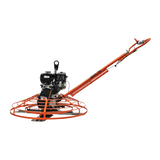 Three-quarter view of the Brave 48-Inch Power Trowel, showcasing its orange guard ring, black engine, and long handle.