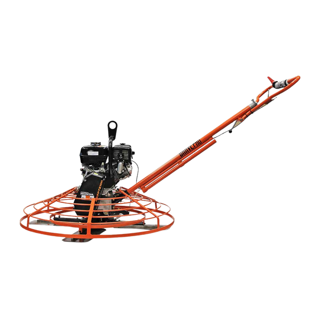 Three-quarter view of the Brave 48-Inch Power Trowel, showcasing its orange guard ring, black engine, and long handle.