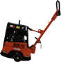Three-quarter view of the Brave 15-Inch Reversible Plate Compactor, showcasing the black handle, orange base, and Honda engine on a checkered background.