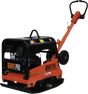 Three-quarter view of the Brave 20-Inch Reversible Plate Compactor, showing its black and orange body, ergonomic handle, and the black plate base designed for soil compaction.