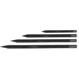 Four black Skid-Steer Cold-Rolled Tines for Haugen bale spears, each with a pointed tip, arranged horizontally and staggered to show their varying lengths and diameters.