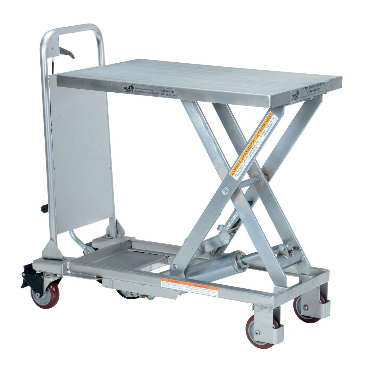 Vestil Partially Stainless Steel Hydraulic Elevating Cart 17-1/2 In. x 27-1/2 In. 400 Lb. Capacity Silver-CART-400-PSS