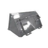 A gray Skid-Steer Compact Loader Fertilizer Bucket from Haugen, showing its angled shape, heavy-duty construction with high-carbon stiffeners, and a pre-drilled cutting edge.