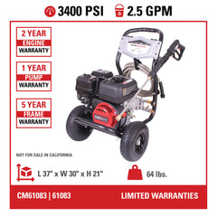 Simpson Clean Machine 3400 PSI 2.5-GPM Cold Water Gas Pressure Washer CM61083-S