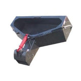 A gray Skid-Steer Concrete Bucket with a red hydraulic hose and an open chute, designed to transport and pour 1/2 yard of concrete.