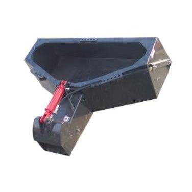 A gray Skid-Steer Concrete Bucket with a red hydraulic hose and an open chute, designed to transport and pour 1/2 yard of concrete.