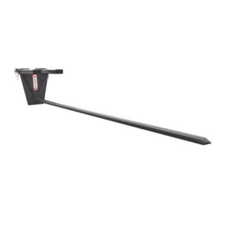 A black fork-mounted forklift carpet pole with two fork pockets and a long, stress-proof cylindrical pole extending from the front of the attachment.
