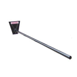A black carriage-mounted forklift carpet pole with a stress-relieved pole and a heavy-duty back plate. A label on the backplate shows a "HAUGEN" logo