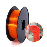 An orange spool of CreatBot TPU Flexible 3D printer filament, with a magnified inset showing a hand squeezing a piece of the printed material to demonstrate its flexibility.