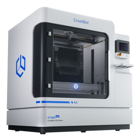 A front angled view of the CreatBot D1000 HS industrial 3D printer, showcasing the "CreatBot" logo, the "D1000 HS" name, and the blue branding accents.