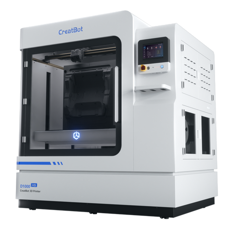 The CreatBot D1000 HS industrial 3D printer, shown from a side angle, highlighting its large, transparent build chamber and the external control box with the user interface screen.
