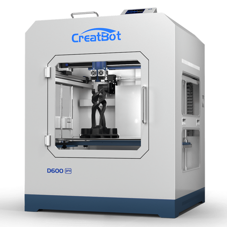 A front-angled view of the CreatBot D600 Pro Industrial Dual Extruder 3D Printer, showing its closed enclosure with the D600 Pro logo visible on the base.