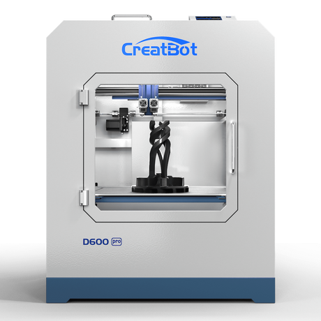 A front view of the CreatBot D600 Pro 3D printer with its glass door slightly ajar, revealing the dual extruder and a black printed object on the build plate inside the printing chamber.
