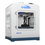 A front-facing three-quarter angle shot of the CreatBot D600 Pro Industrial Dual Extruder 3D Printer, with its front glass door closed and a partially finished black object on the build plate.