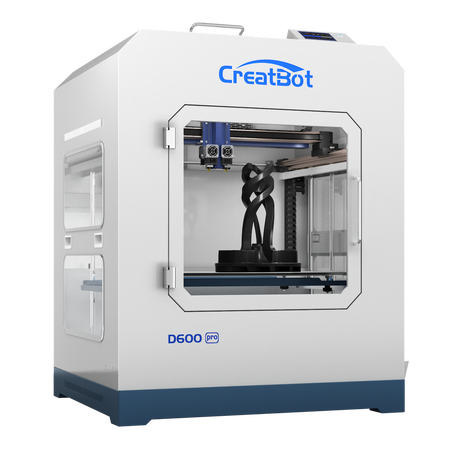 A front-facing three-quarter angle shot of the CreatBot D600 Pro Industrial Dual Extruder 3D Printer, with its front glass door closed and a partially finished black object on the build plate.