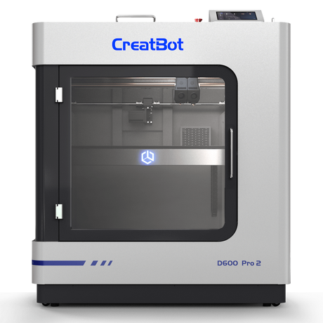 CreatBot D600 Pro 2 large-format 3D printer viewed from the front, showcasing the enclosed build chamber, dual extruders, and the "CreatBot" logo on the top panel.