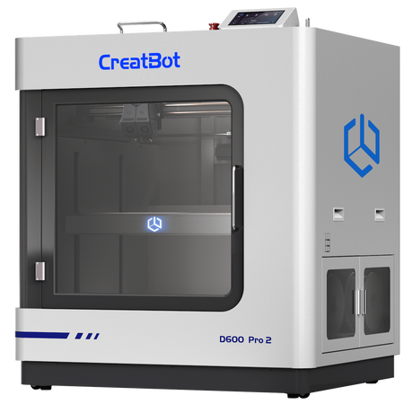CreatBot D600 Pro 2 leading large-format 3D printer viewed from a side angle, revealing the side panel with ventilation grilles and a door, and the 'D600 Pro 2' model name on the base.