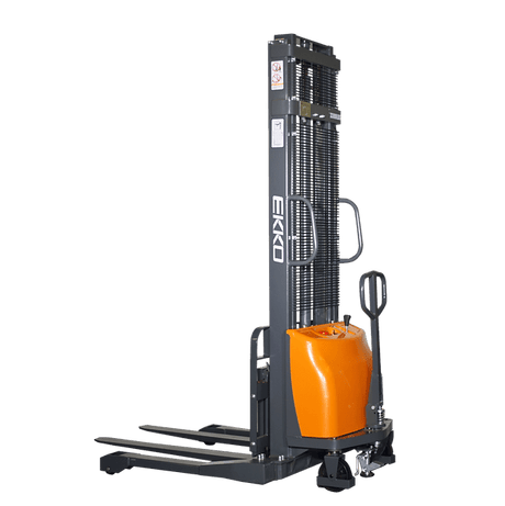 Full-front view of the black and orange EKKO EA15A-138 Semi-Electric Straddle Stacker, with the mast fully lowered, set against a transparent background.