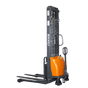 Full-front view of the black and orange EKKO EA15A-138 Semi-Electric Straddle Stacker, with the mast fully lowered, set against a transparent background.